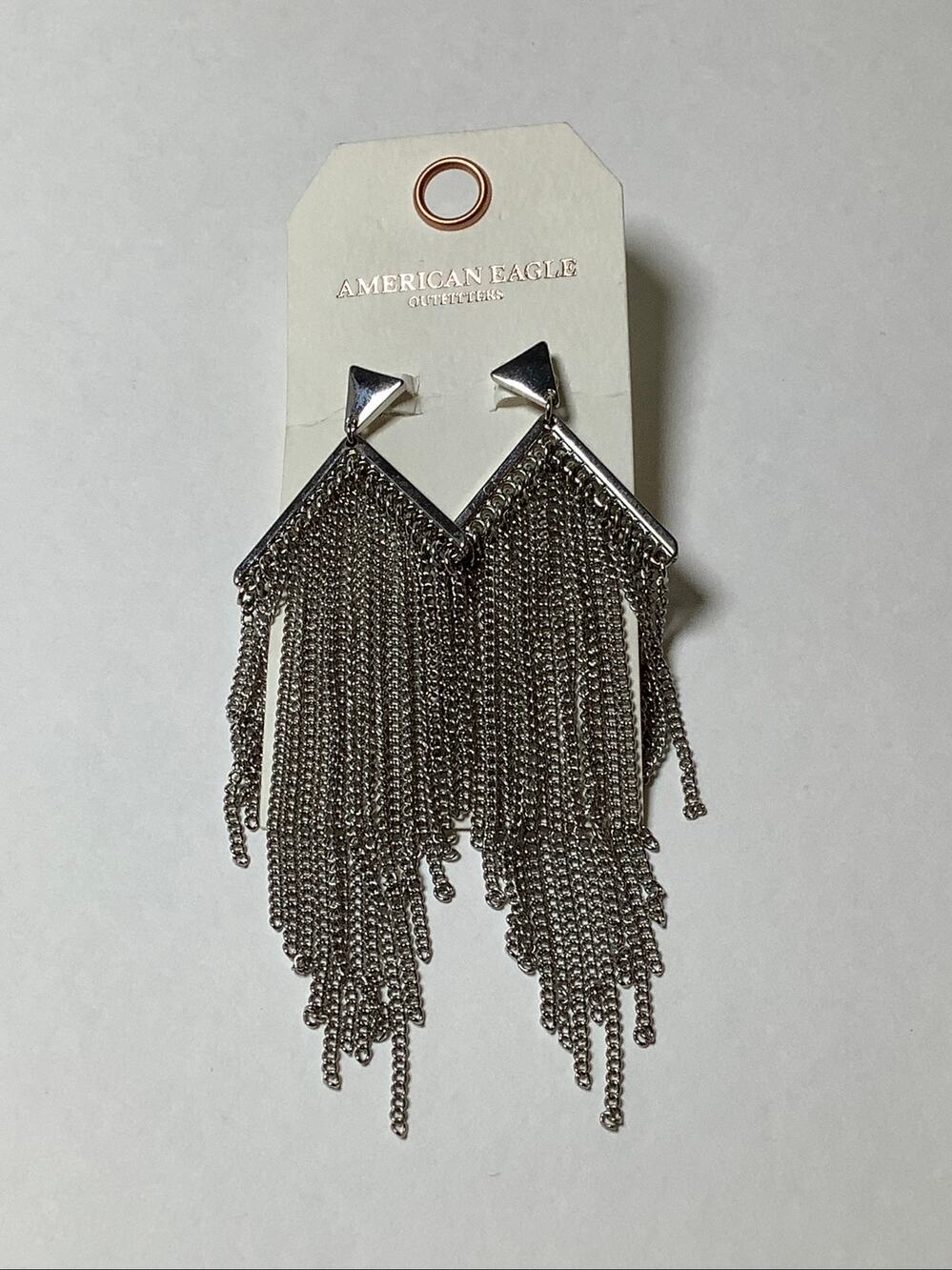 American Eagle Silver Tone Chain Fringe Statement Piece Dangle Earrings A5-49